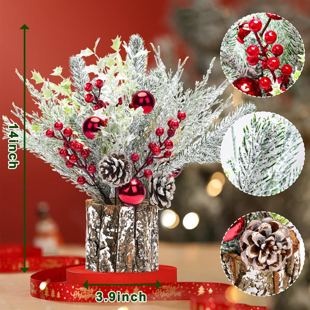 Skiennix Christmas Table Decorations - 14-Inch Potted Christmas Tree with Lights & Pine Cones | Holiday Centerpiece