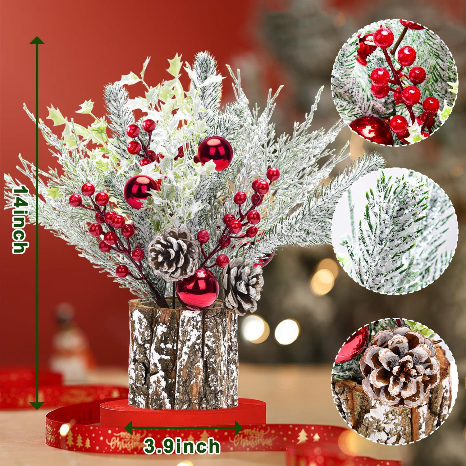 Skiennix Christmas Table Decorations - 14-Inch Potted Christmas Tree with Lights & Pine Cones | Holiday Centerpiece