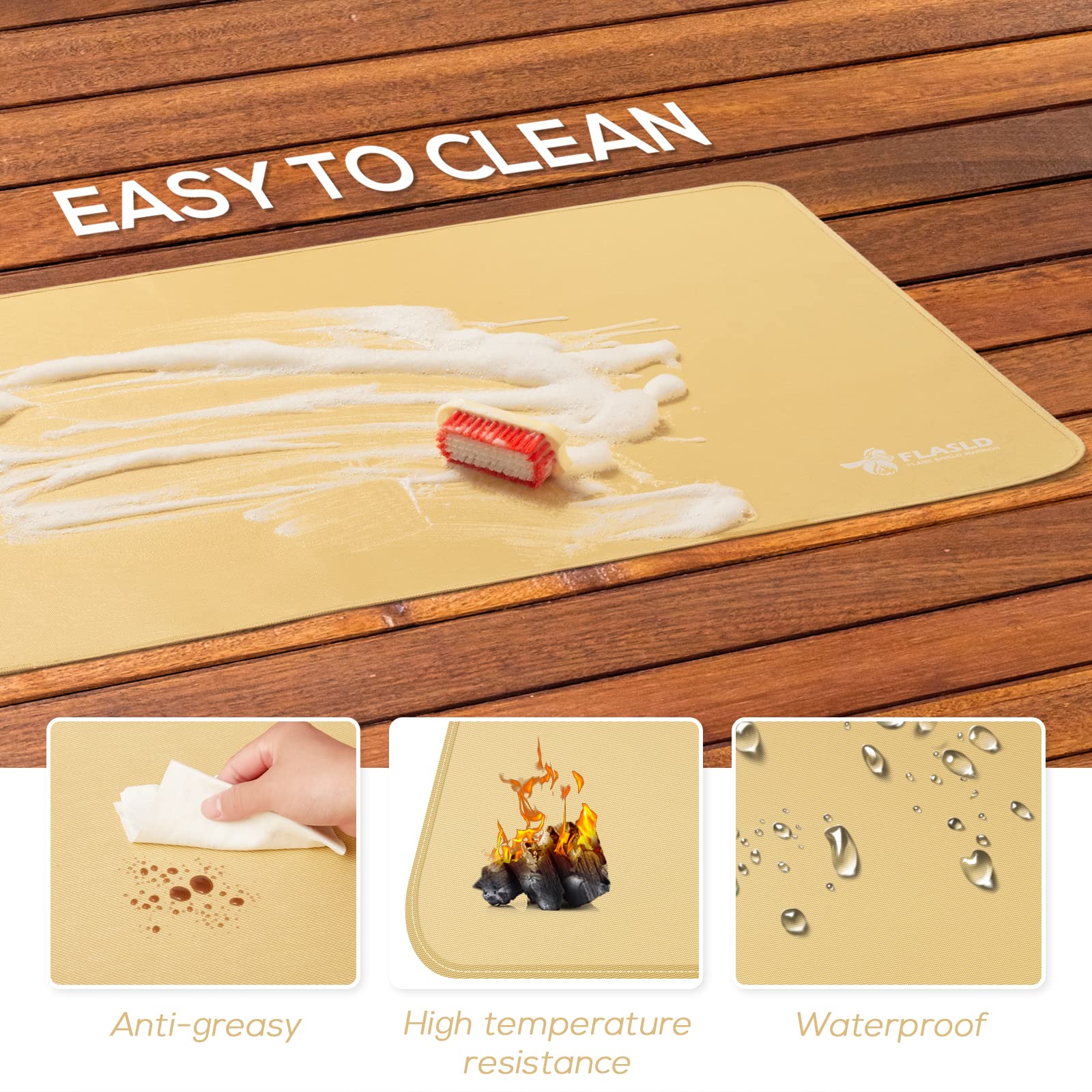 FLASLD Large Under The Grill Protective Deck and Patio Mat, 32 x 60 inches Oil-Proof, Fireproof Indoor Fireplace Mat Prevents Ember Damage Wood Floor, Khaki