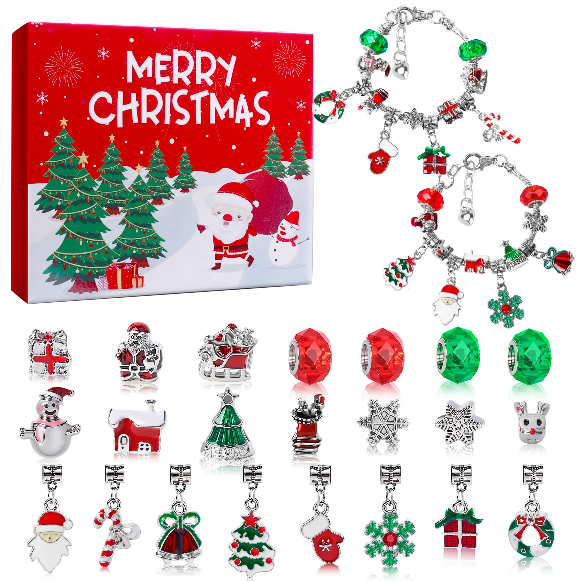 Christmas Advent Calendar Bracelets 2026 for Girls, 24 Days Xmas Countdown DIY Jewelry Kit with 22 Charm Beads and 2 Adjustable Bracelets Gift for Kids Teens Women