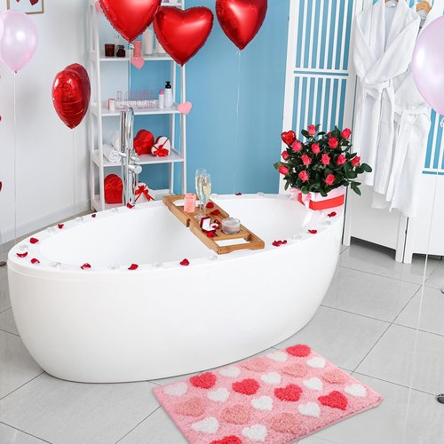 Tioncy Valentine's Day Bathroom Mat Tufted Pink Heart Bath Rug Soft Love Heart Red Pink White Bath Rugs Absorbent Non Slip Washable Mat for Bedroom Bathroom Valentine's Day Decor 16''x 24''