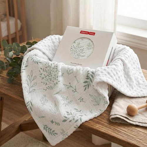GLLQUEN Baby Blanket - Soft Muslin Cotton Front & Dotted Fleece Backing | Unisex Greenery, 30 x 40 Inches