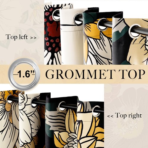 NICETOWN 100% Blackout Boho Floral Curtains for Living Room Bedroom Botanical Fall Drapes Grommet Thermal Insulated Soundproof Vintage Flower Pattern Printed Window Treatment, W52xL96, 2 Panels