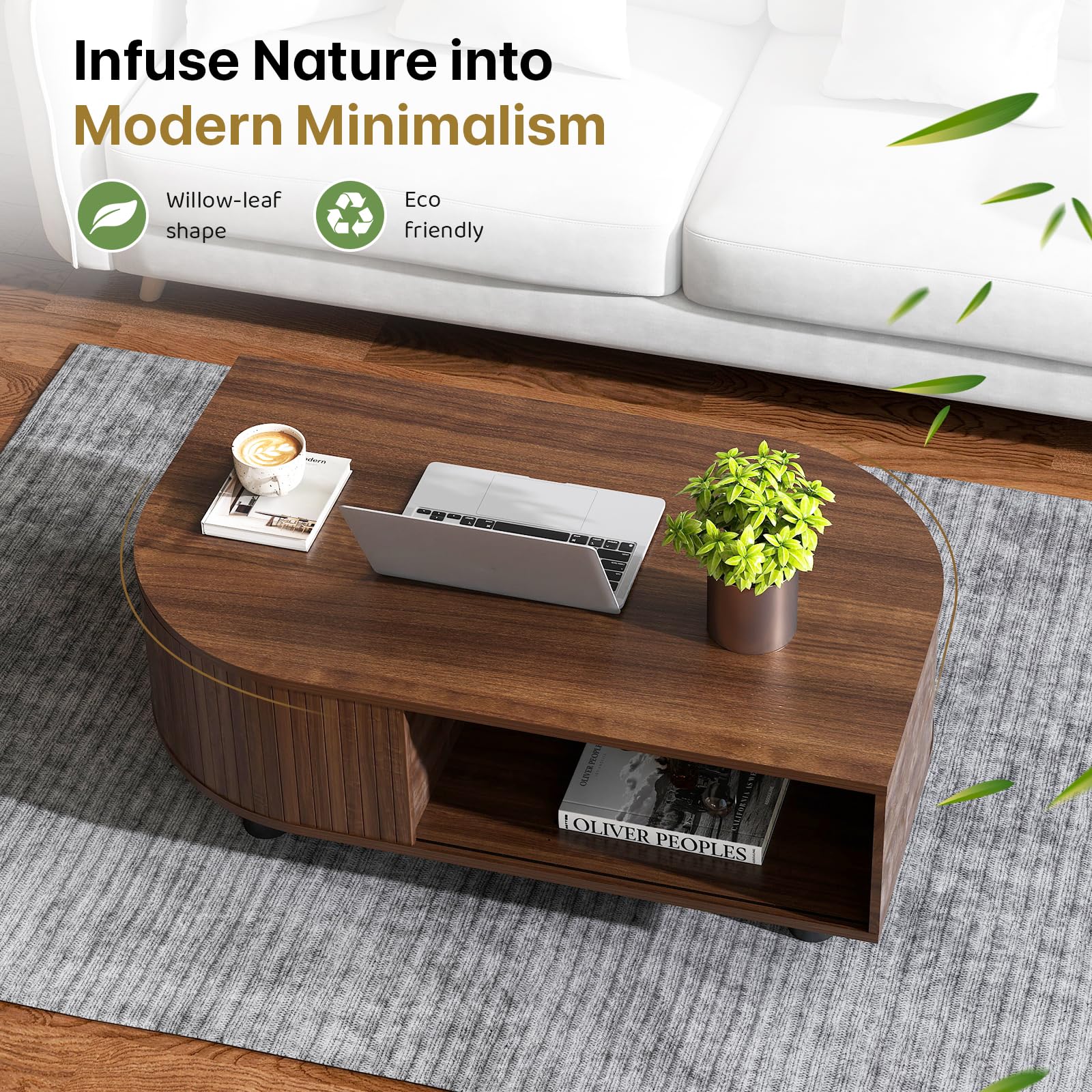 sunmiler Mid-Century Modern 39.4" Coffee Table - Leaf-Shaped Wood Center Table with Storage, Retro Fluted Central Table with Sliding Door for Living Room, Office, Walnut