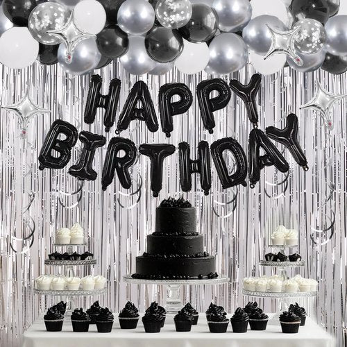 92 PCS Black and Silver Happy Birthday Decorations Balloons Fringe Curtains Vortex for Boys Men Girls Women 16th 18th 20th 21st 25th 30th 40th 50th 60th Birthday Party Decorations (Black Silver)
