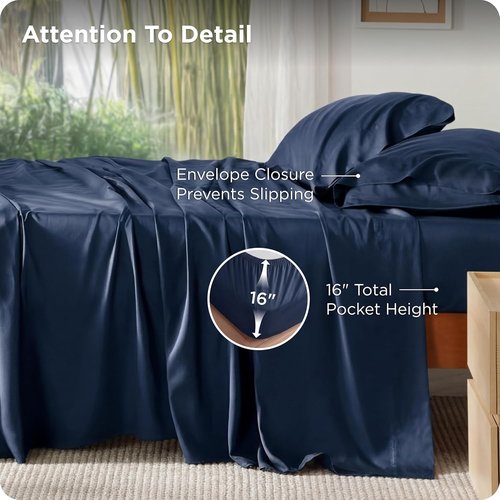 Bedsure Queen Sheet Set - Cooling Rayon Bamboo Sheets | Breathable, Soft & Deep Pocket Up to 16 Inches - Navy