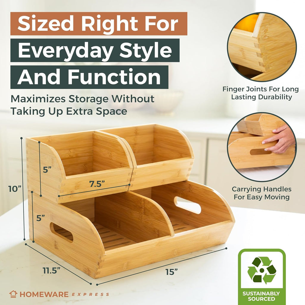 Skiennix Potato and Onion Storage Bin - Ventilated Bamboo Organizer Baskets | Stackable 3-Pack for Kitchen & Pantry