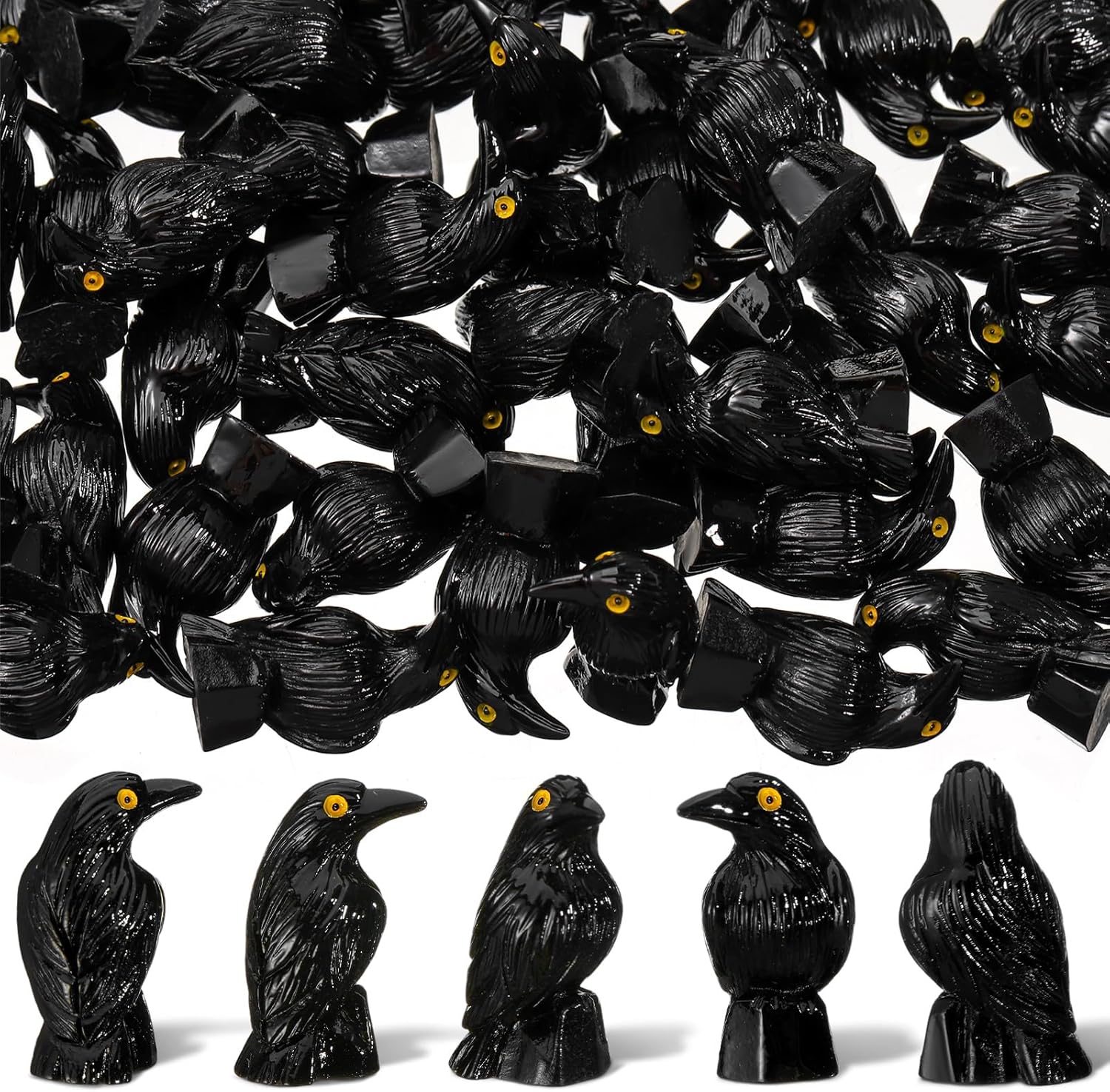 Skiennix Miniature Crows Decor - 150 Pcs Black Resin Raven Figurines for Spooky Holiday Scenes