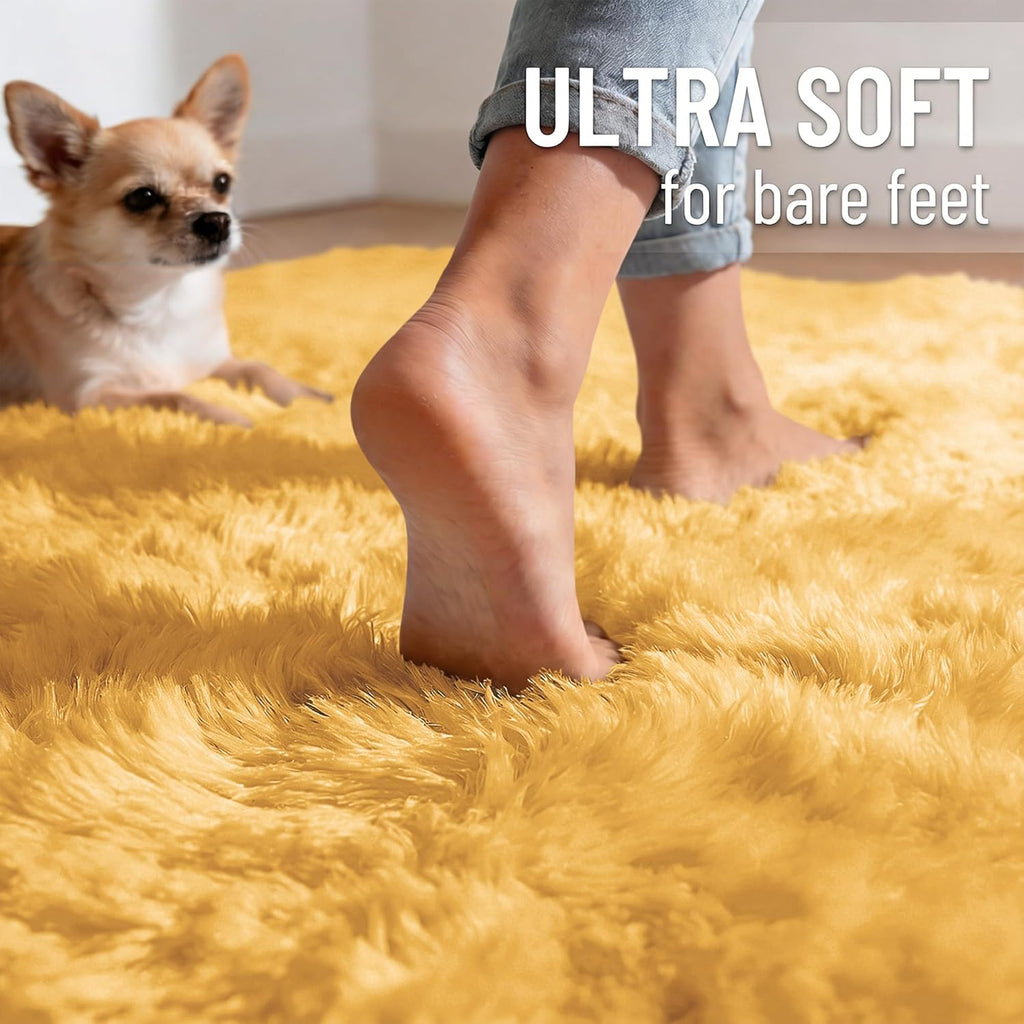 OLANLY Soft Fluffy Shaggy Bedside Rug - 3x5 Machine Washable Indoor Carpet in Mustard Yellow