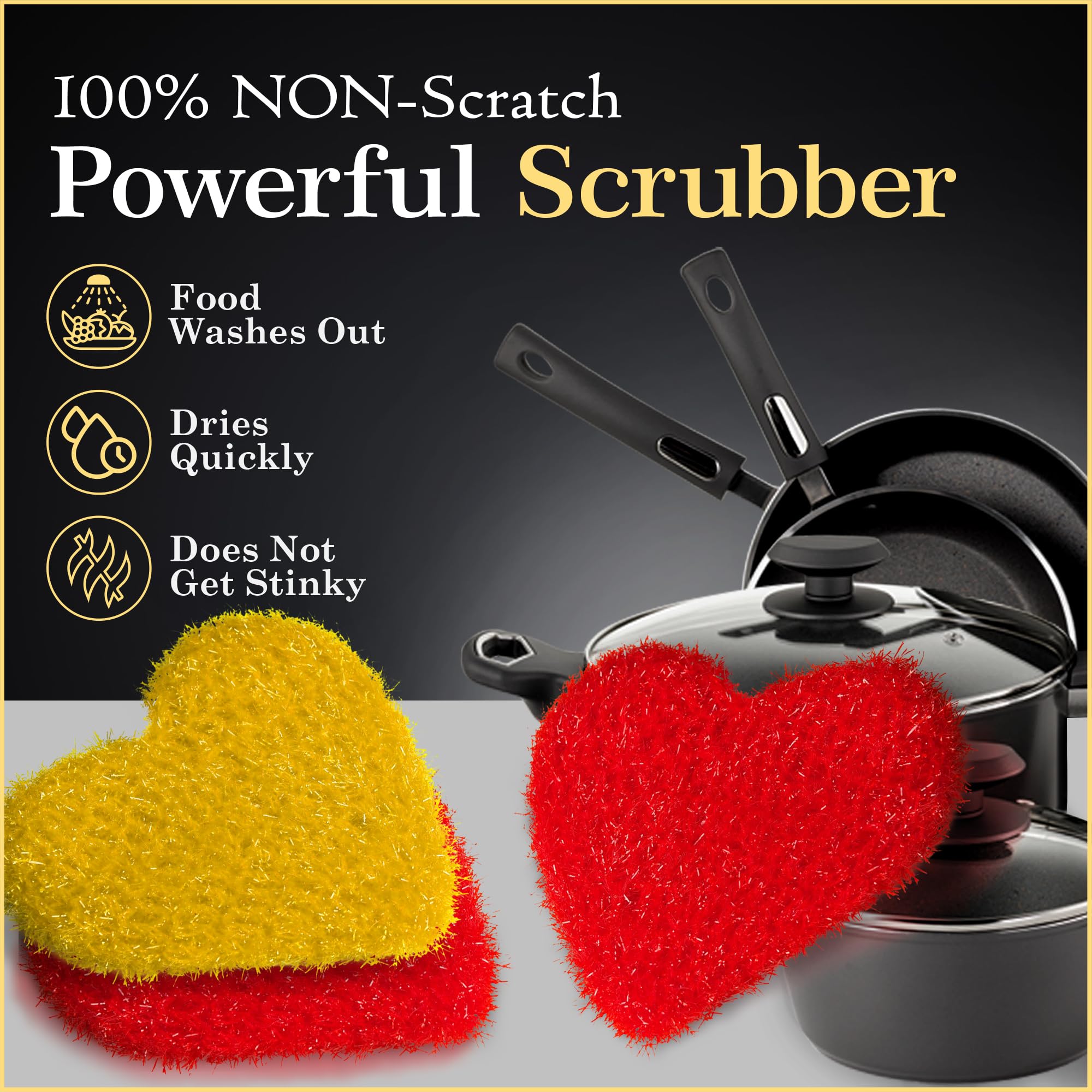 Dish Scrubber–Long Lasting, Non-Scratch, Odorless & Reusable Cookware Scrubber for Kitchen, Bathroom, and Floor–Big & Durable Alternative to Rags & Sponges, Heart Shape (3PK)