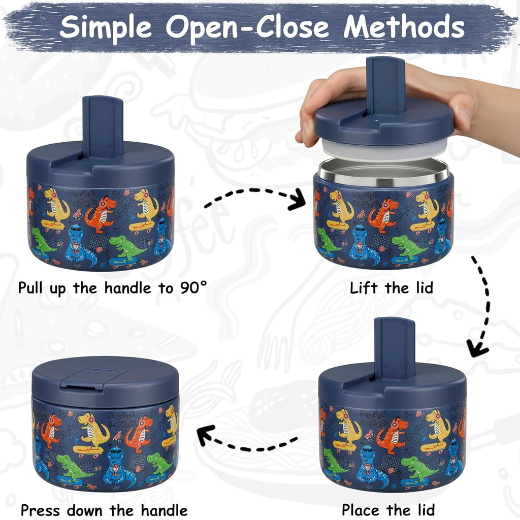 Pawtong Insulated Vacuum Food Jar - 12oz Leakproof Stainless Steel Lunch Container for Kids | Blue Dinosaur