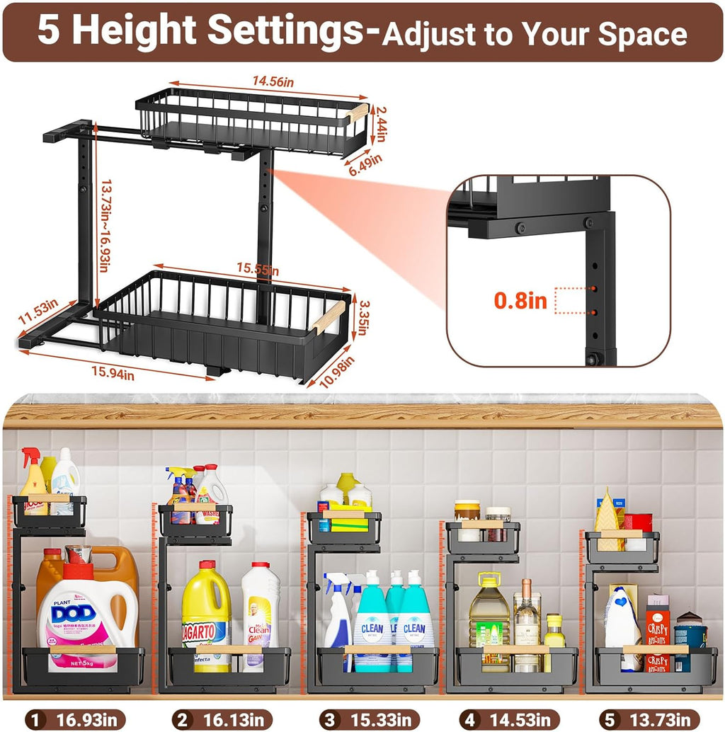 Under Sink Organizer by [Brand Name] - L-Shape 2-Tier Pull-Out Cabinet Storage Rack | Adjustable Height, Black, 2 Pack