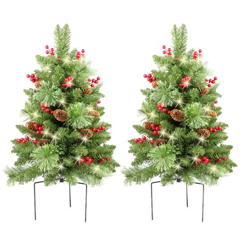Christmas Tree 30 inch Prelit 2 Set Pathway Porch Christmas Trees Pre-Light LED Battery Operated Outdoor Xmas Decor for Entrance Driveway, Yard, Garden, Red Berries, Pine Cones