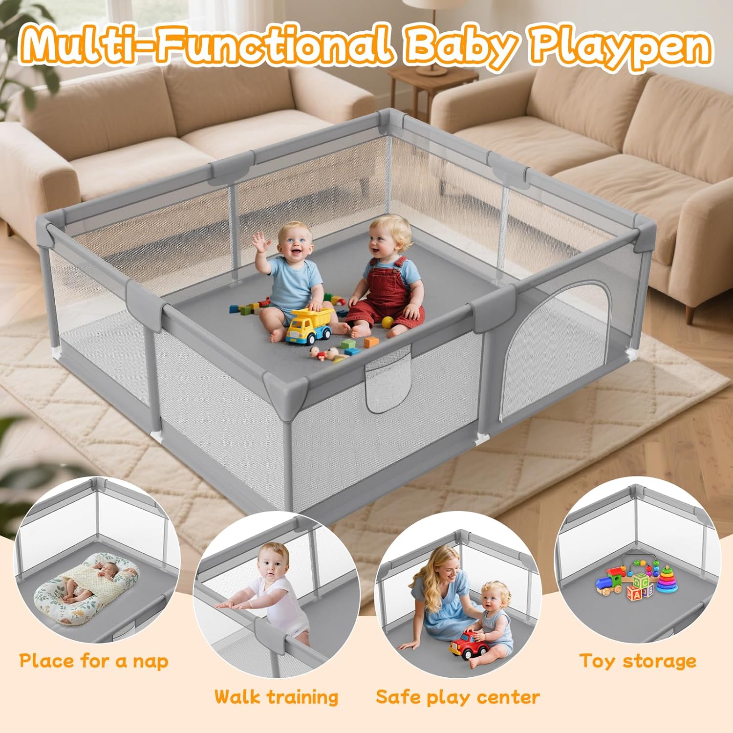 Skiennix Large Baby Playpen - Breathable Mesh Safety Activity Center for Indoor & Outdoor Use, Grey 74"x50"