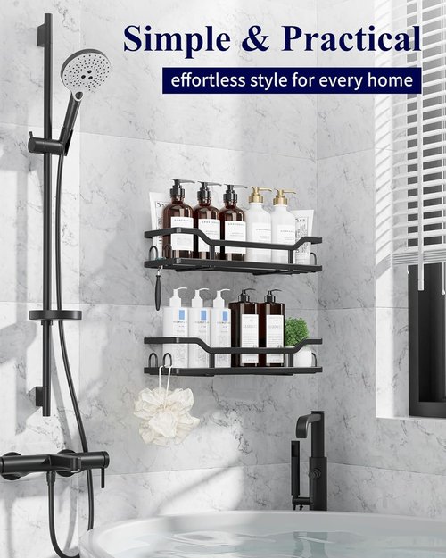 Kitsure Shower Caddy - No-Drill Organizer with 8 Hooks | Rustproof Stainless Steel, Black - 2 Pack
