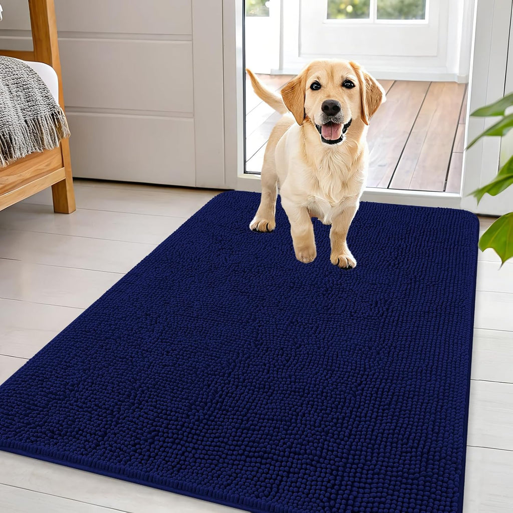 OLANLY Dog Door Mat - Absorbent Non-Slip Mud Mat for Indoor Use | Quick Dry Chenille, 44x32, Navy Blue