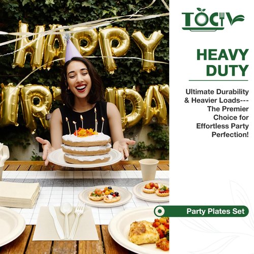 350PCS Compostable Paper Plates and Napkins Cups 10 & 7 Inch Disposable Heavy Duty Dinner Dessert Sturdy Plates and Utensils (Serve 50) Party Supplies Eco-friendly Dinnerware Set for Birthday Holiday