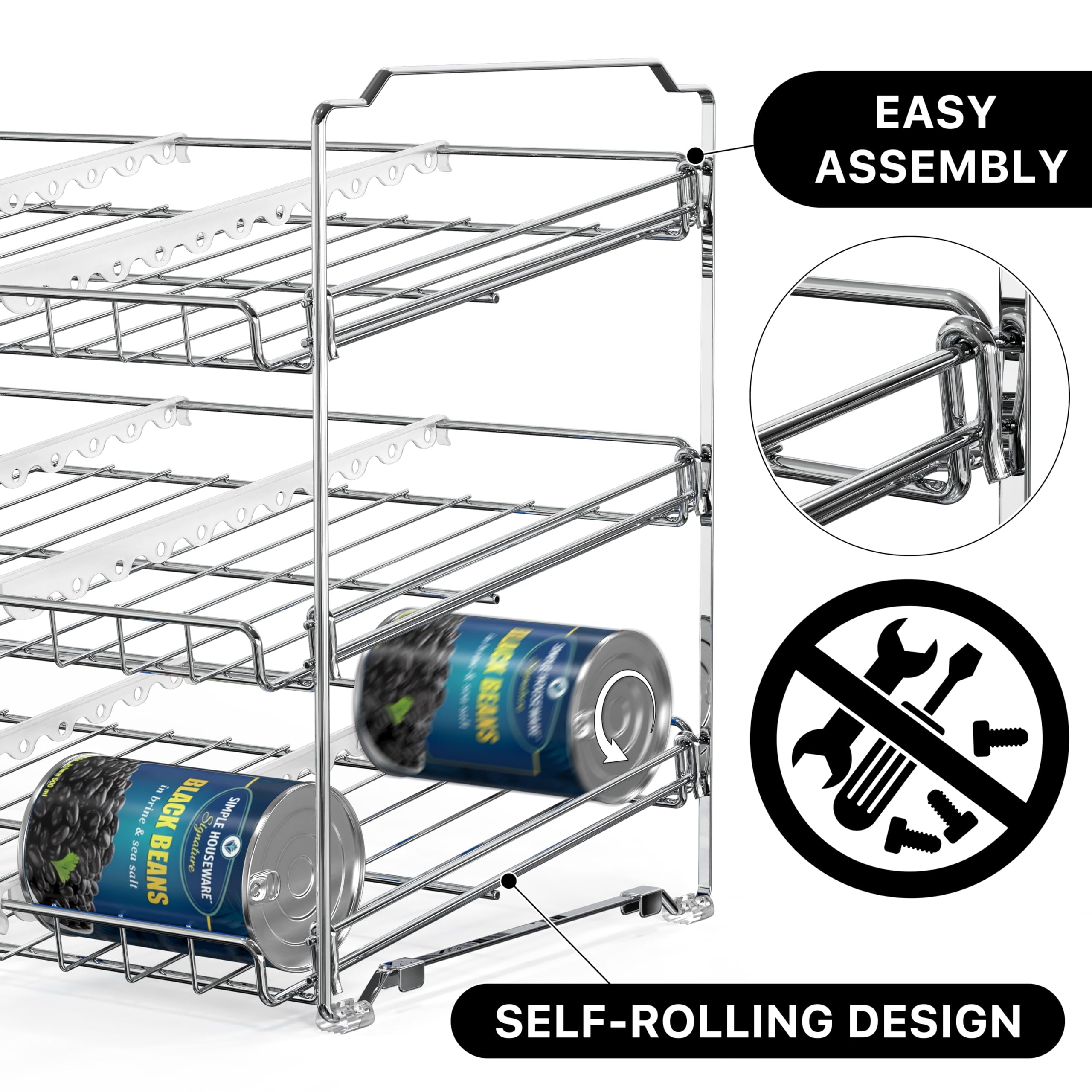 Simple Houseware Stackable Can Organizer Rack for Pantry/Cabinet – 11.5" D x 17" W x 13.75" H, Holds 36 Cans, 3-Tier Can Food Storage Dispenser, Chrome