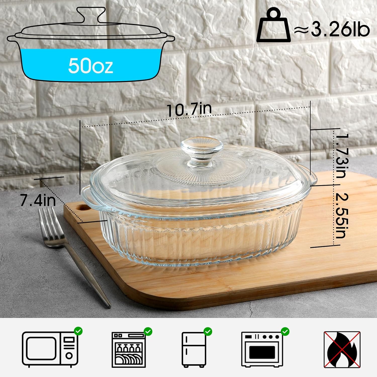 NUTRIUPS Oval Glass Casserole Dish - 1.9QT Borosilicate Baking Dish with Glass Lid