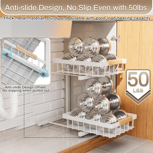 ADBIU Under Sink Organizer - 2 Pack Adjustable Height (11"-15.75") | 2-Tier Pull-Out Sliding Drawers, Heavy-Duty Metal, White