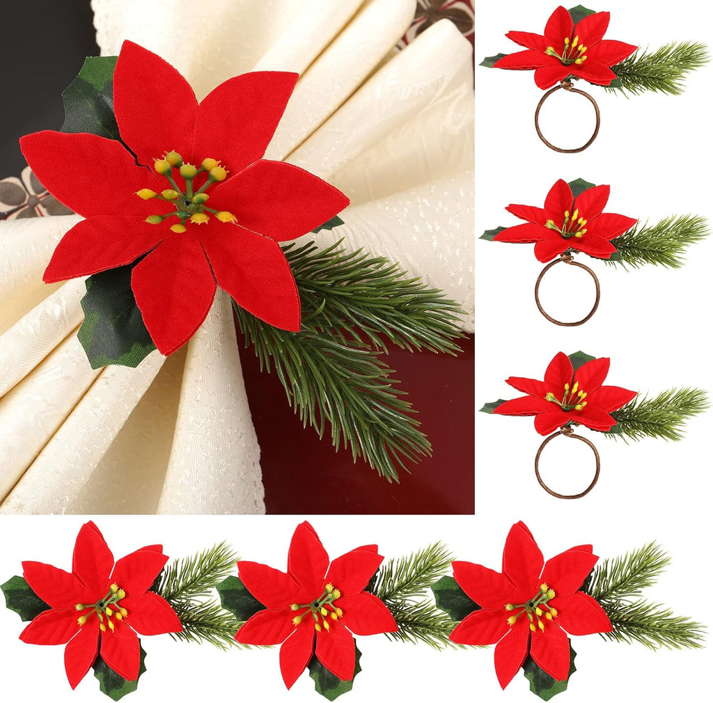 Skiennix Christmas Napkin Rings - 6-Piece Rustic Pine Cone & Poinsettia Set for Holiday Decor