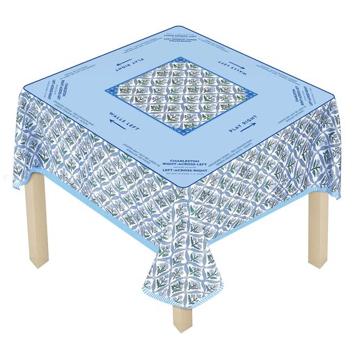 Hillsuren Mahjong Tablecloth 55" x 55" Polyester Blue Block Print Floral Flower Square Instructional Design with Rules for Family Game Night Party Favor Supplies