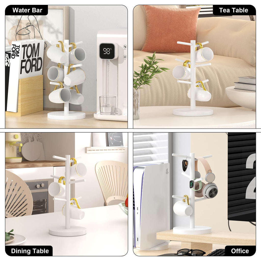 Wisuce White Coffee Mug Tree, Updated Thick Bamboo Mug Holder Base,Coffee Cup Stand Mug Holders with 6 Hooks for Countertop Organizer Stand
