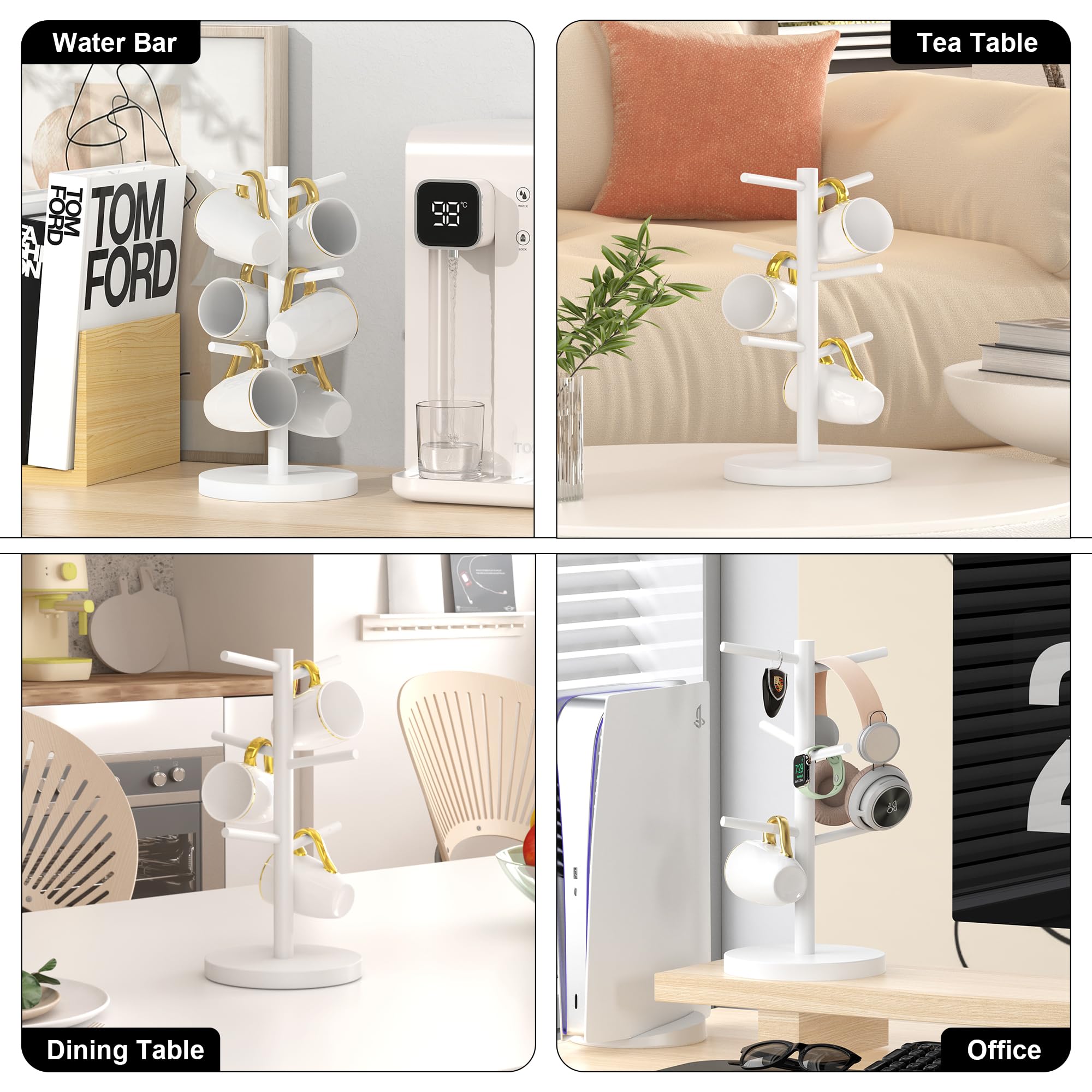 Wisuce White Coffee Mug Tree, Updated Thick Bamboo Mug Holder Base,Coffee Cup Stand Mug Holders with 6 Hooks for Countertop Organizer Stand
