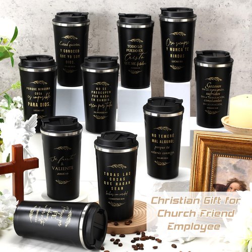 Meanplan 10 Sets Easter Spanish Christian Gifts Bulk Bible Verse Tumbler for Men Women Regalos Cristianos Para Mujer Stainless Steel Christian Mugs 17oz Coffee Cup Religious Church Gifts(Black)