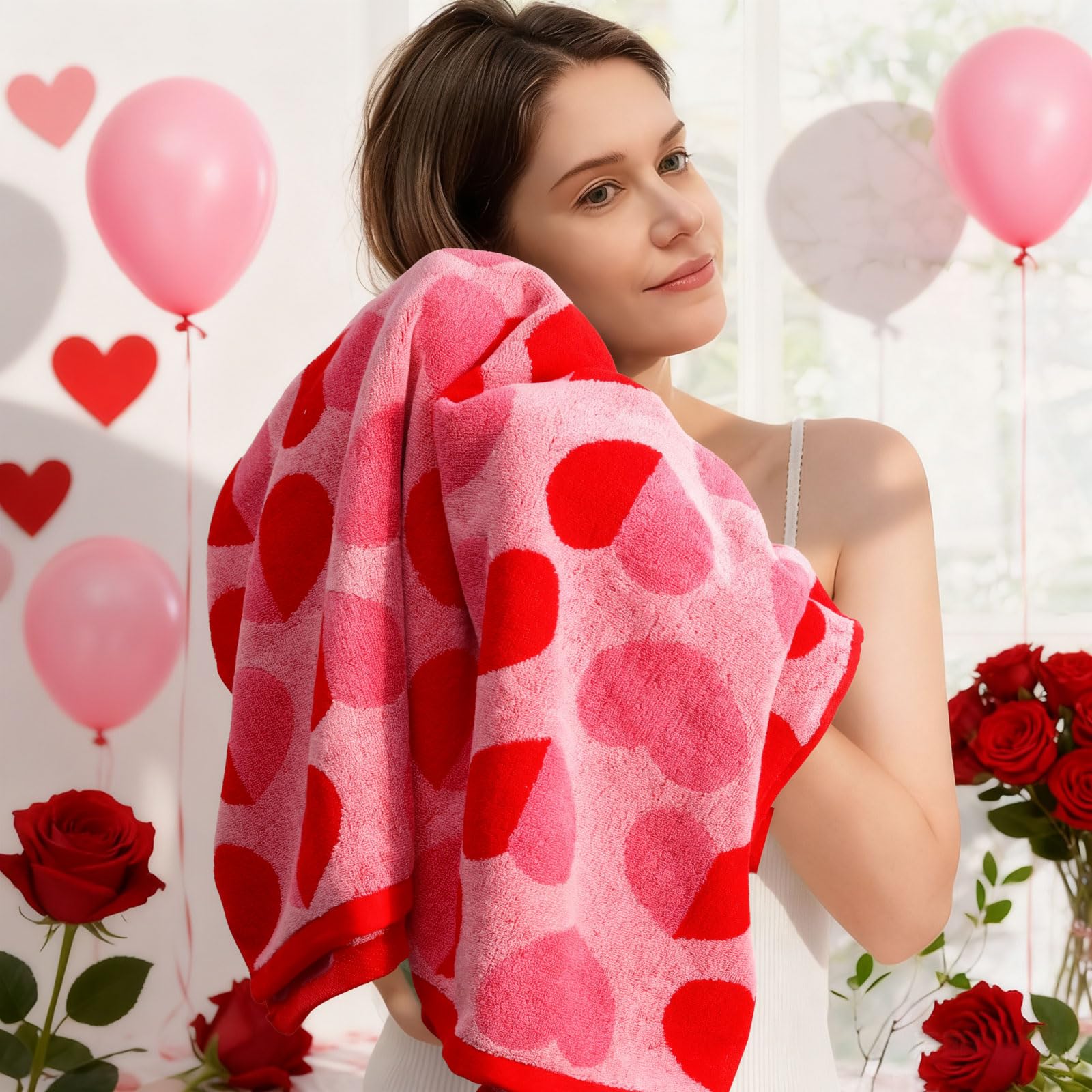 Whaline Valentine's Day Bath Towels Set of 6 Jacquard Cotton Bathroom Towel Red Pink Heart Hand Towel Wash Cloth for Holiday Hand Drying Shower Supplies