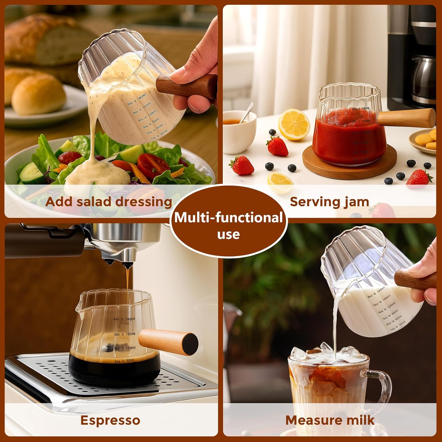 YARRAMATE Glass Measuring Cup - 6 oz/180ML with Wooden Handle | Ribbed Milk Frothing Pitcher