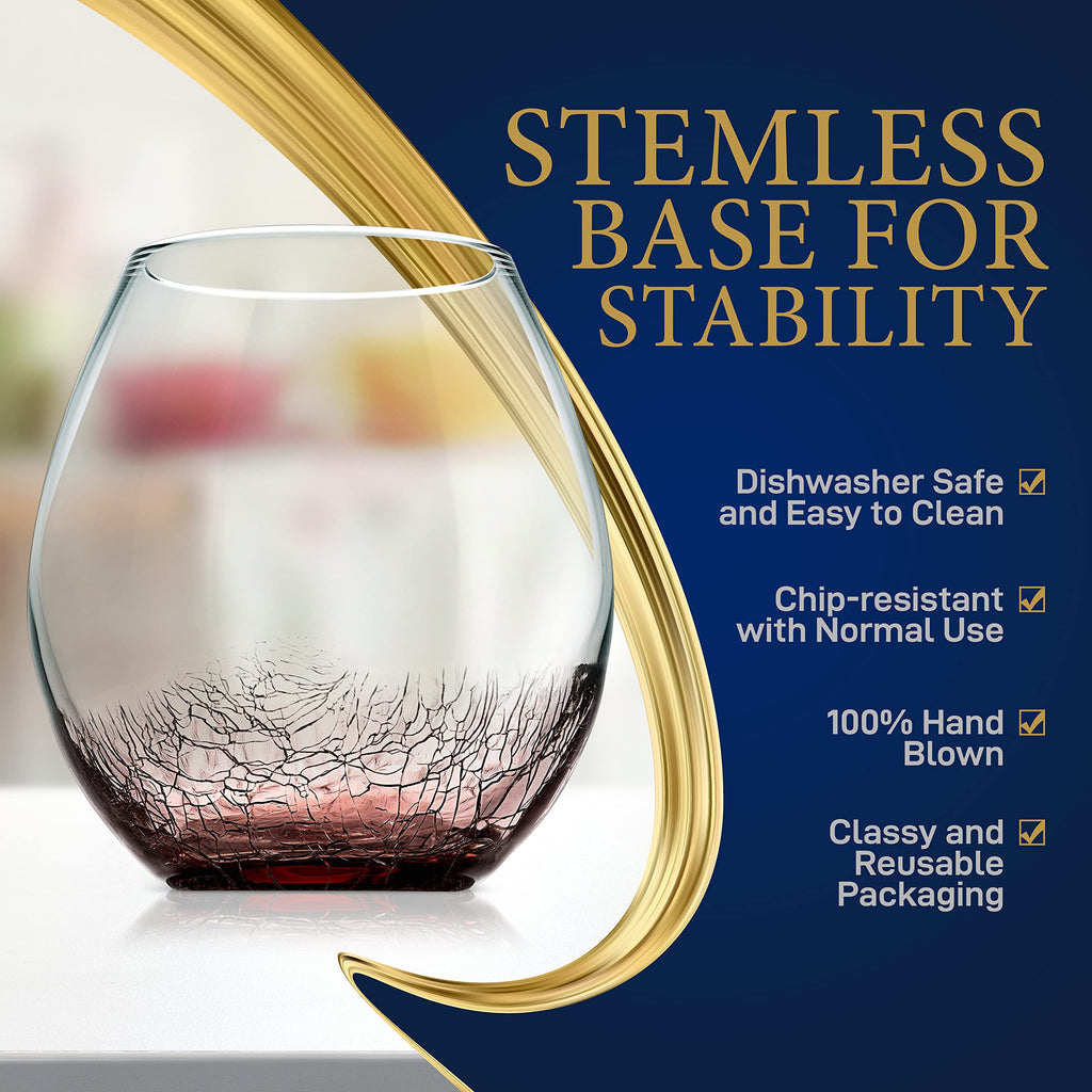 NutriChef 19 Ounce Stemless Wine Glasses For Red or White Wine (Set of 4) For Party And Gifting Clear, Lead-Free, and Ice Crack Design