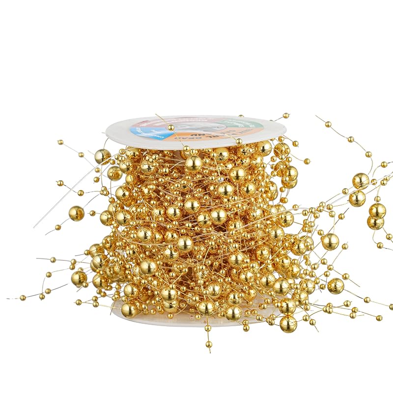 13ft Gold Pearl String Garland for Floating Candles, Vase Filler & Table Decor – Variation: Gold