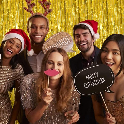 Foil Curtain Backdrop - 10 Pack Gold Metallic Tinsel Fringe Curtains for Party Decorations