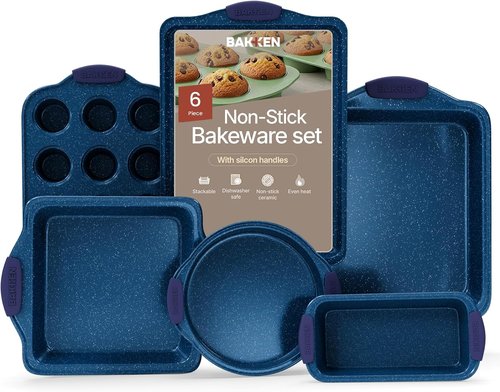 BAKKEN Nonstick Carbon Steel Baking Pan Set - Blue Silicone Handles, Oven Safe Up to 450°F | Set of 6