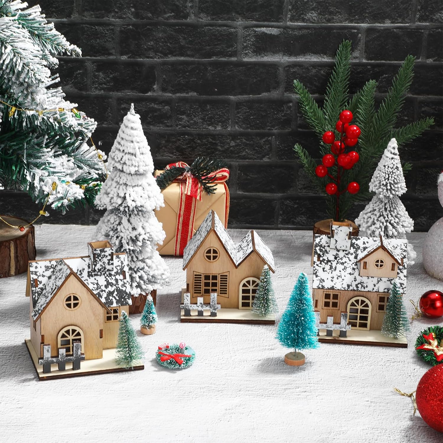 Toyvian Christmas Village Houses Set - 3 Pcs Wooden LED Lighted Ornaments for Table Decor (Brown)