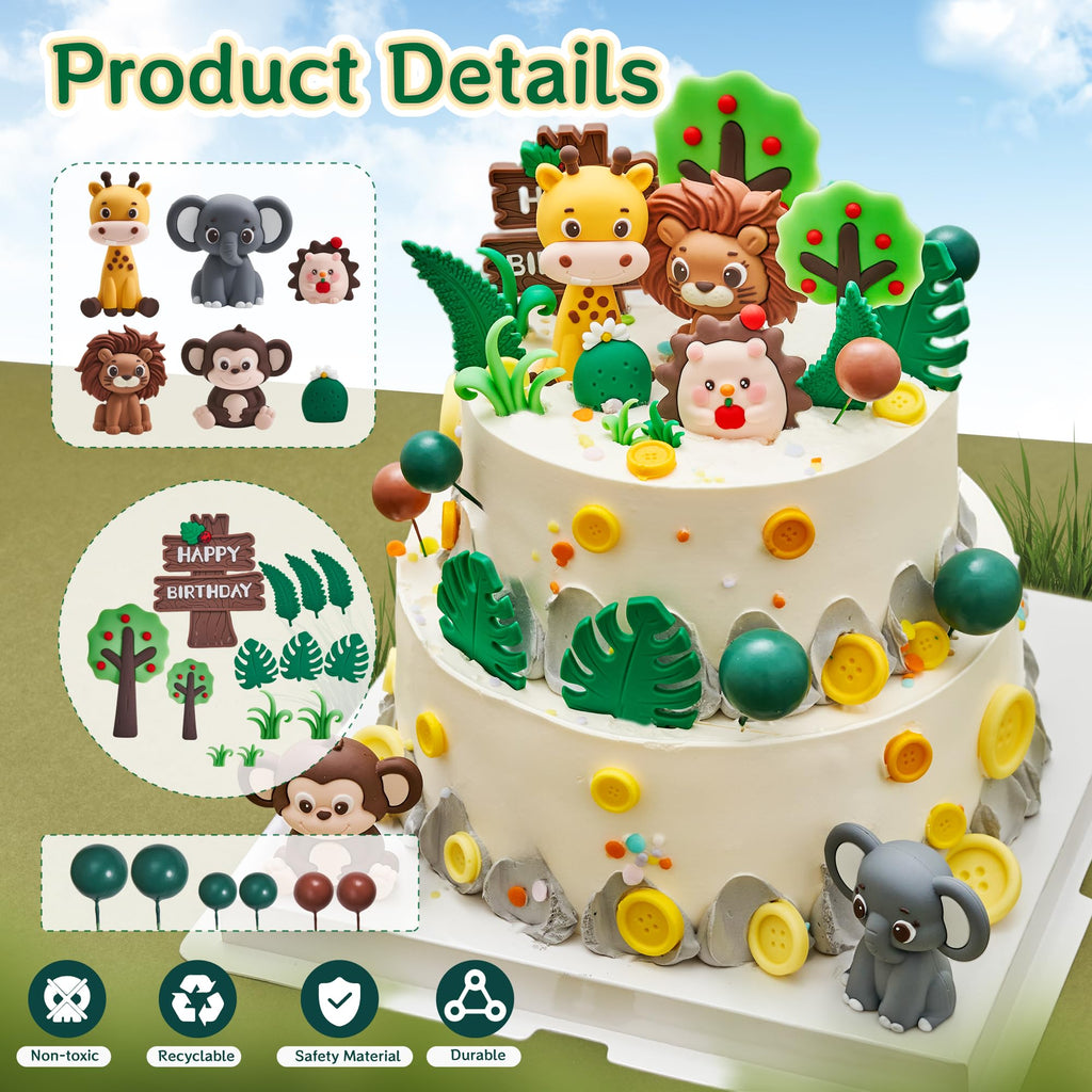 25PCS Jungle Safari Cake Toppers Set - 3D Zoo Animals Cake Toppers with Trees & Leaves, Wild One Birthday Decor for Jungle Theme Parties Supplies, Safari Cake Decorations