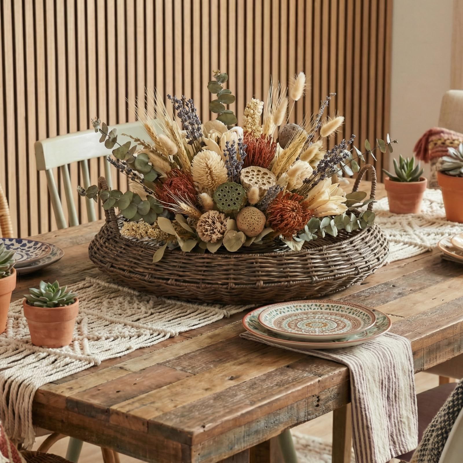 Reallnaive 22 Inch Oversized Round Woven Basket Artificial Rattan Effect Christmas Serving Tray Decorative Basket for Fruit, Bread, Multipurpose Kitchen Holder, Home Organization