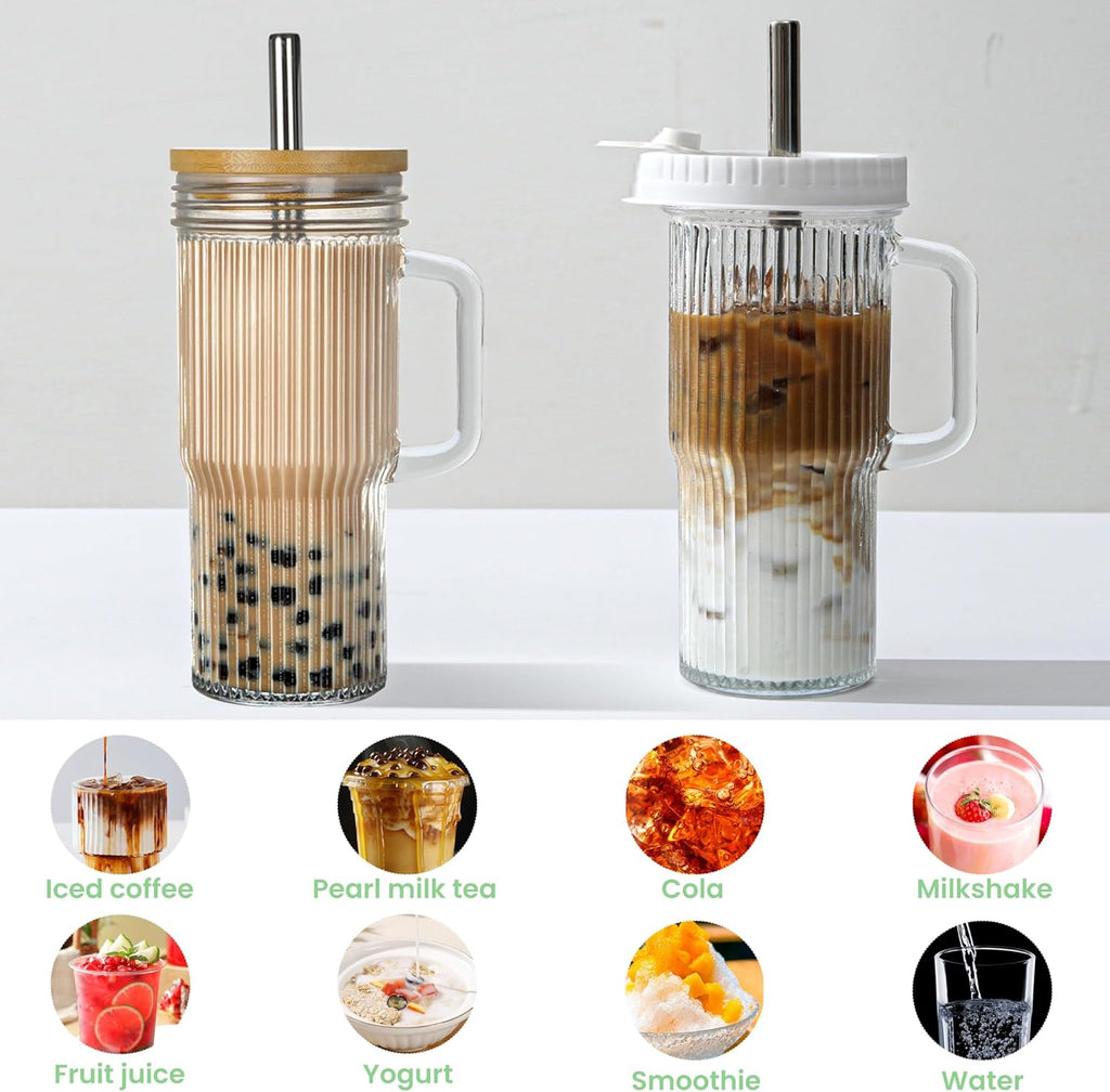 Birity 24oz Ribbed Glass Cup Set - Reusable Tumbler with Lids & Straws | Perfect for Iced Coffee, Smoothies & More