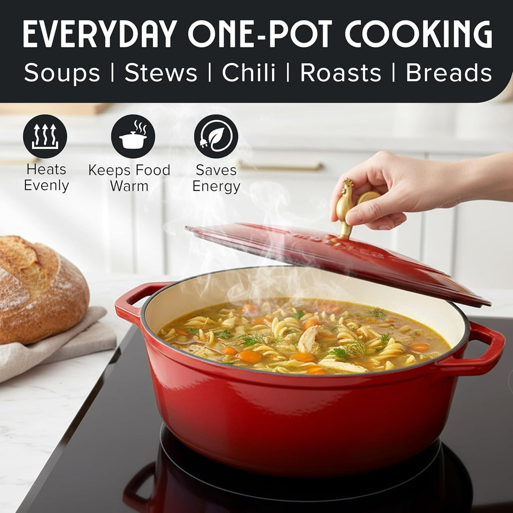 MUELLER HOME Enameled Cast Iron Dutch Oven - 5.5 Quart with Rooster Knob & Potholders, Oven-Safe to 500°F, Red