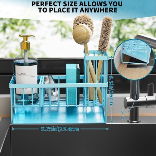 Cisily Kitchen Sink Caddy Organizer - Rustproof 304 Stainless Steel with Brush & Sponge Holder | Blue Home Decor