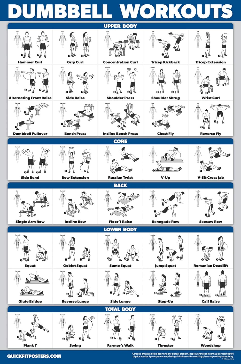 Palace Learning QuickFit Workout Chart Set - 3 Laminated Posters for Dumbbell, Bodyweight & Stretching Routines (18" x 24")