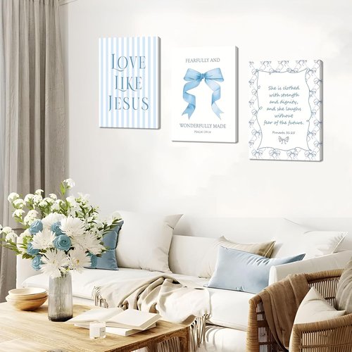 Blue Bow Jesus Wall Art - Inspirational Bible Verse Canvas Print for Dorm Room | 12x16 Inch Framed Decor