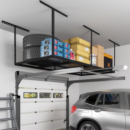 FLEXIMOUNTS 4x8 Overhead Garage Storage Rack - Heavy-Duty Metal Ceiling Organizer | 750lbs Capacity, Hammertone Finish