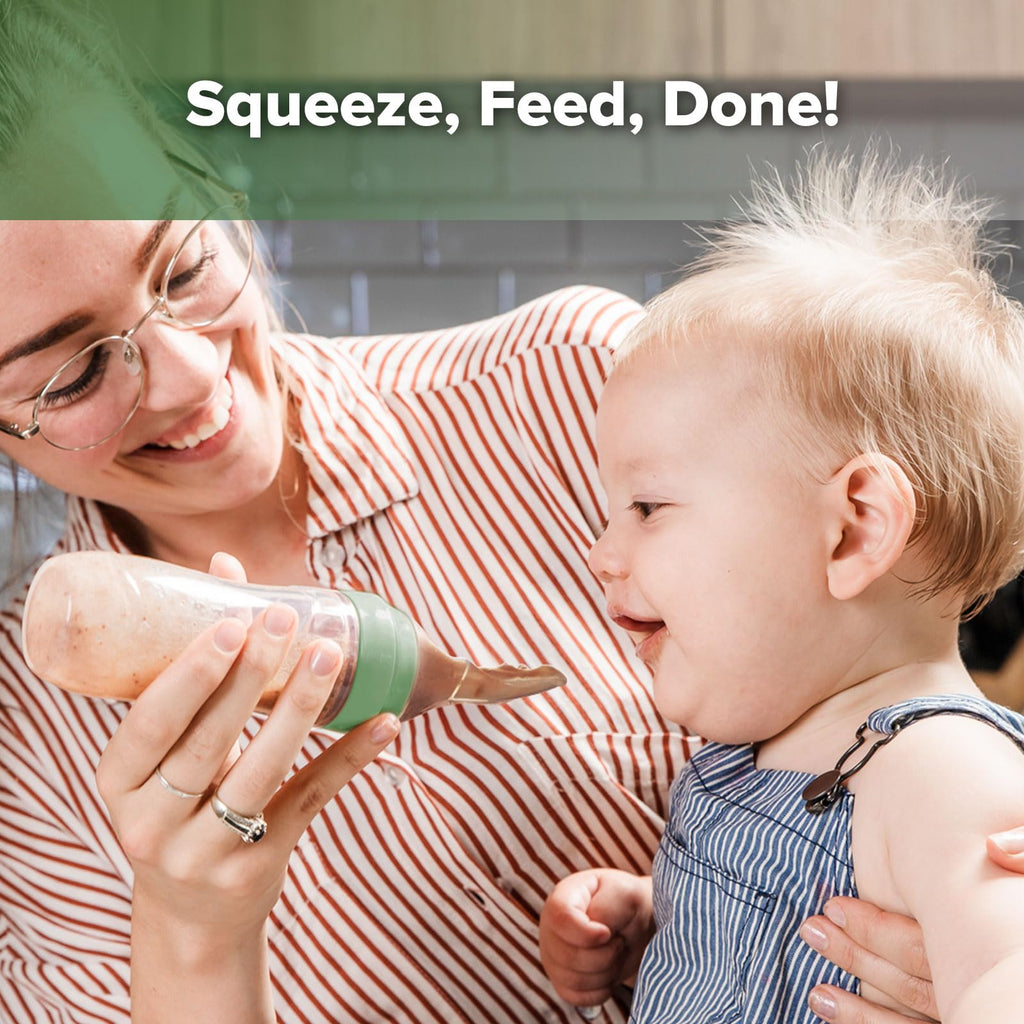 Haakaa Silicone Baby Food Dispensing Spoon Feeder 4oz - Infant Squeeze Cereal Feeder, Baby Fresh Food Feeder, Feed Bottle for Puree, Solid Baby Food, BPA Free, 4m+ Babies – Pea Green