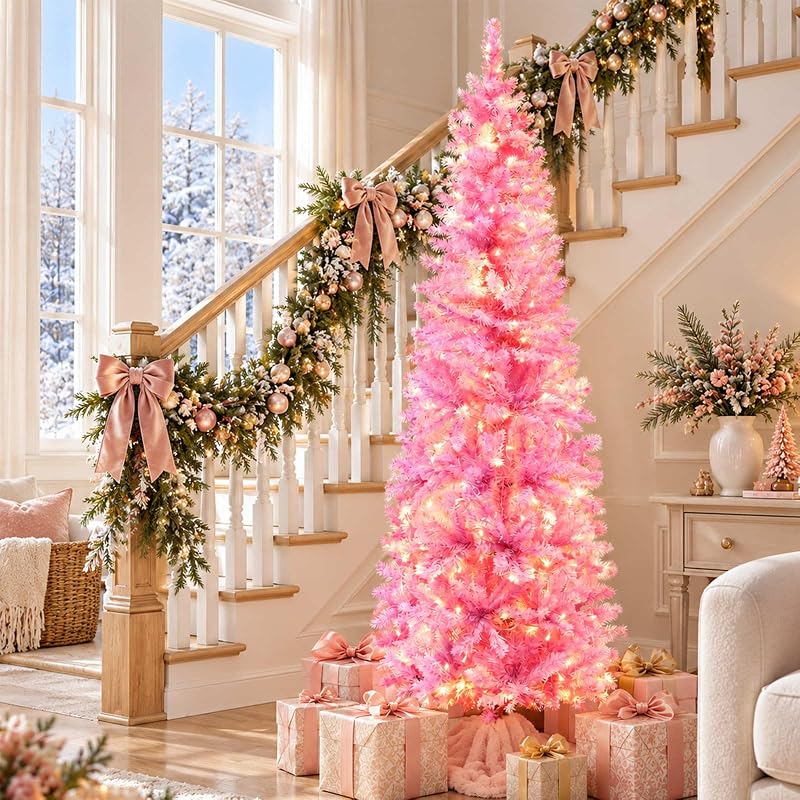 6ft Prelit Pink Artificial Slim Christmas Tree with 240 Warm LED Lights - Variation: Pink