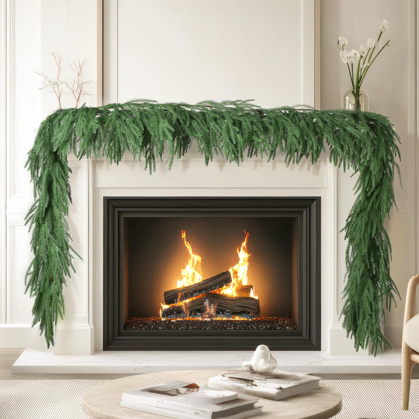 2 Pcs 6FT Norfolk Pine Garland (12FT Total): Real Touch Artificial Christmas Greenery with 120 Branches, Premium Decor for Mantle, Table, Wall, Indoor/Outdoor(Dark Green)