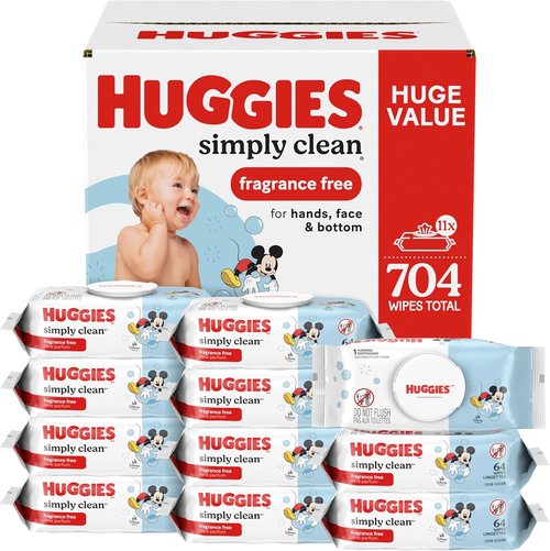 Huggies Simply Clean Baby Diaper Wipes - Unscented & Gentle | 11 Flip-Top Packs (704 Wipes)
