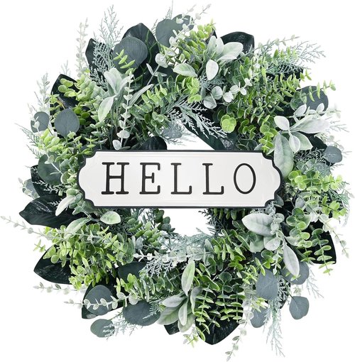 Hello 24-Inch Boxwood Wreath - Farmhouse Eucalyptus & Flocked Lamb's Ear for Front Door Decor