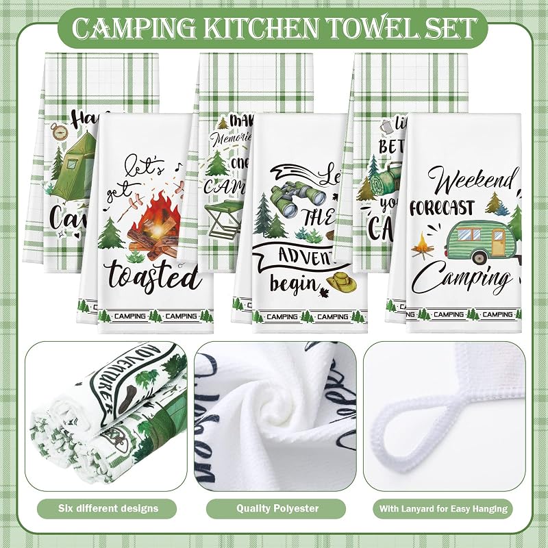 Camping Kitchen Towels 6 Pcs with Hanging Loop - Green Tent Design